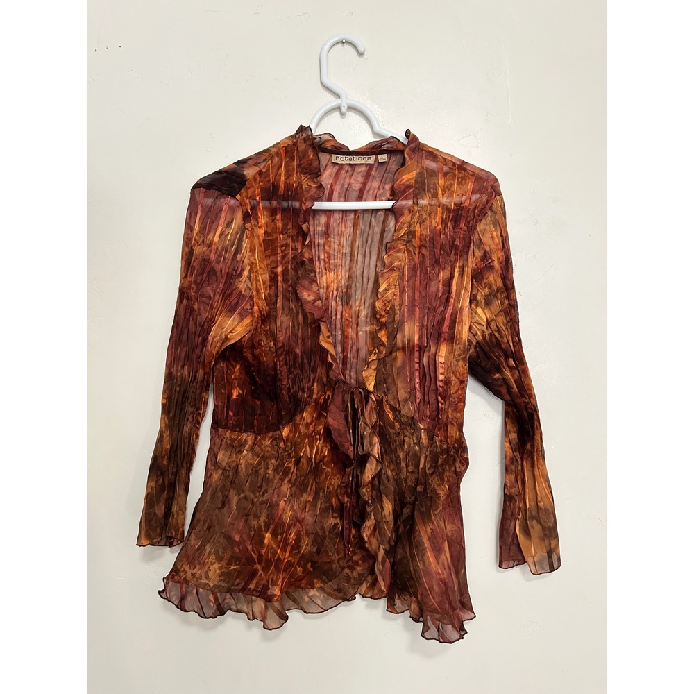 Notations Womens Large Brown Tie Dye Sheer Mesh Ruffle Tie Front Pleated Blouse